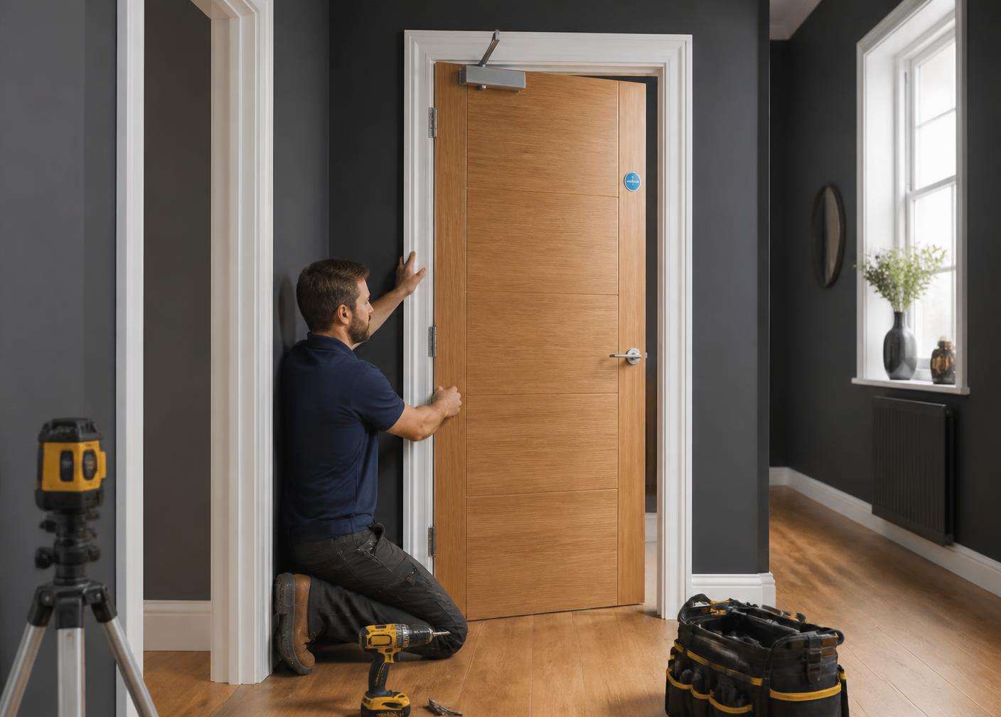 Carpenter fitting a certified fire door with intumescent seals and self-closer in a Nottinghamshire home